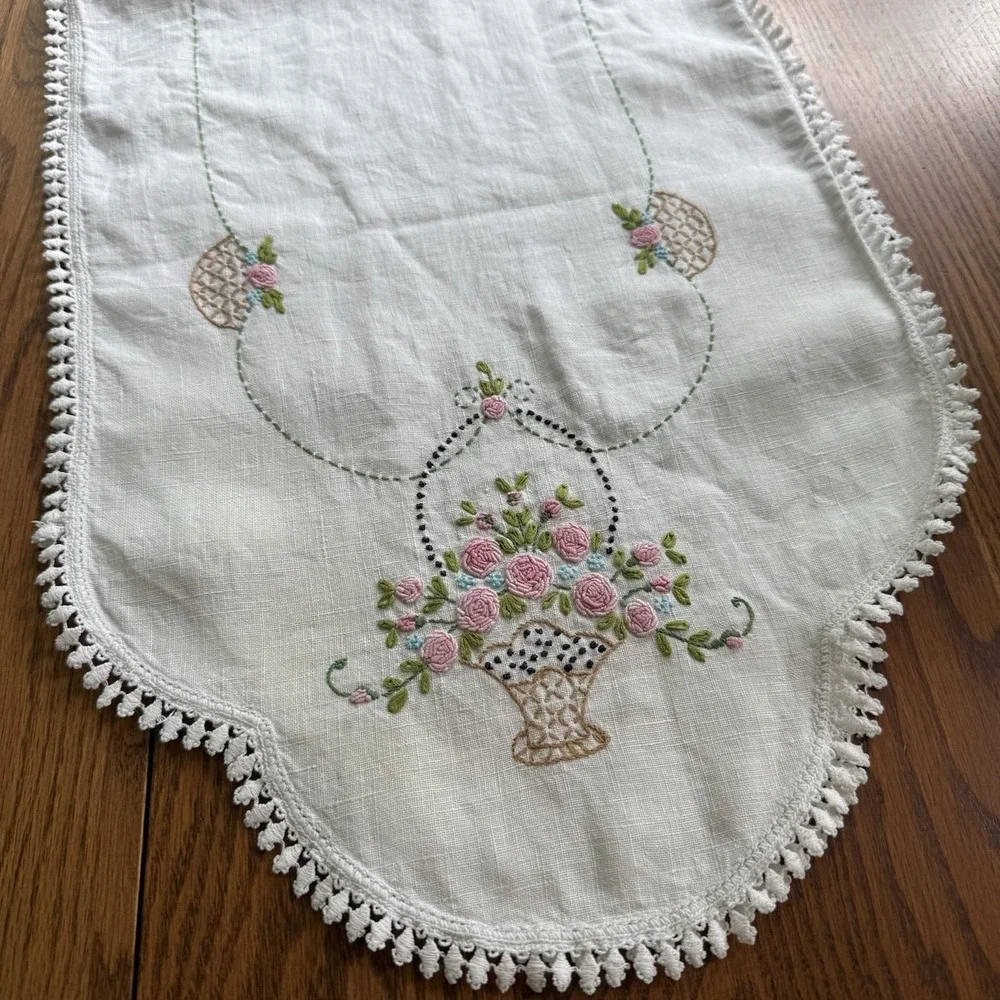 Vtg Embroidered Crochet Dresser Scarf Table Runner Flower Basket 39